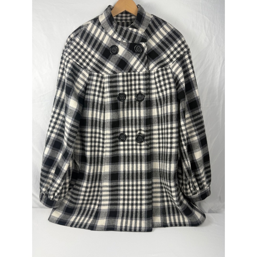 Campaigne Size 10 Black White Plaid Wool Blend Double Breasted Swing Coat
